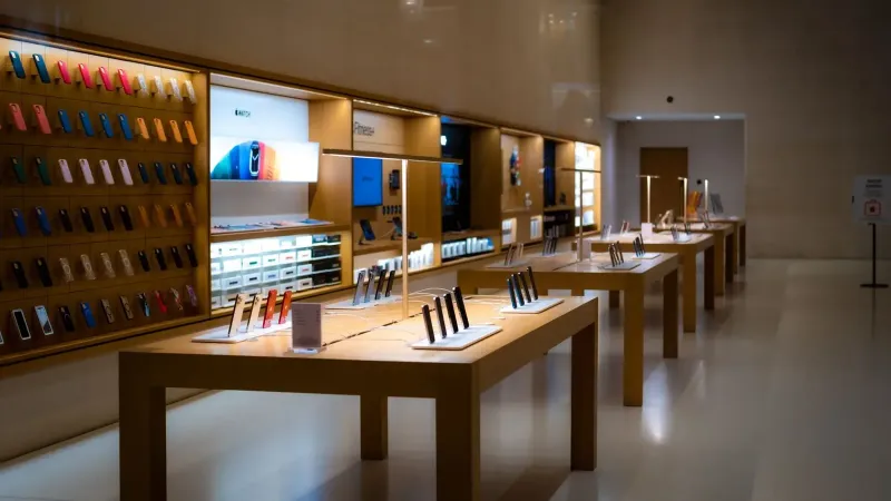 Elegante interior de una tienda de alta tecnología que muestra varios dispositivos móviles y accesorios.