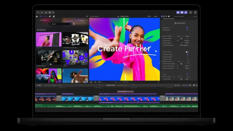 MacBook Pro shows a MotionVFX screen in Final Cut Pro.