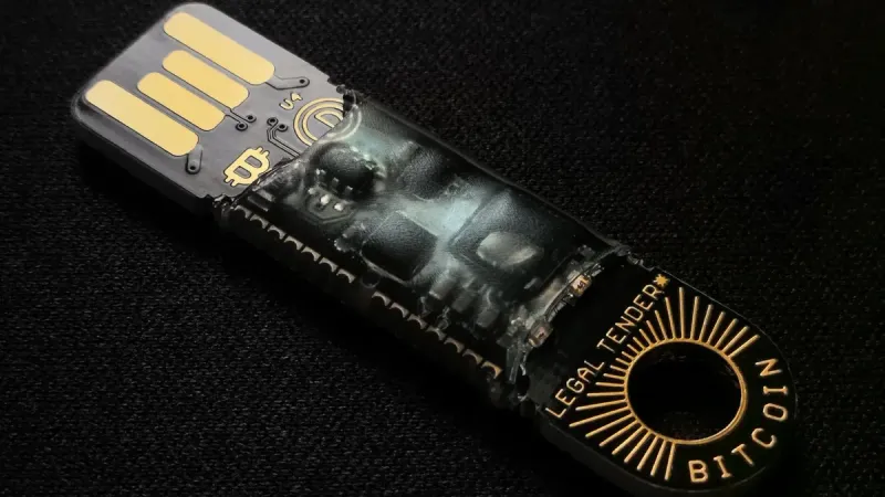 Un primer plano detallado de un dispositivo USB con temática de Bitcoin sobre fondo negro.