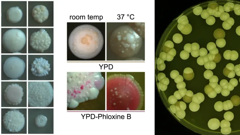 Colonies of different strains on YP-glycerol agar for 14 days at 37°C (left).