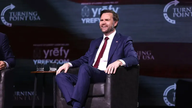 Vice President of the United States JD Vance speaking with attendees at the University of Georgia tour stop of the "This Is The Turning Point" tour at Akins Ford Arena in Athens, Georgia.