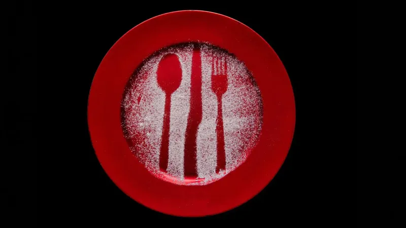 Placa roja artística con patrones de azúcar de tenedor y cuchara sobre fondo negro.