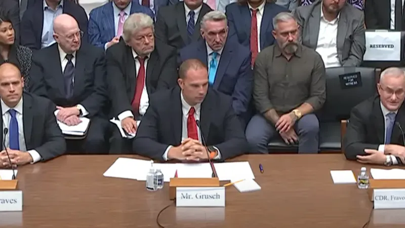 A congressional hearing on July 26, 2023, under the House Committee on Oversight and Accountability, with Ryan Graves, David Grusch, and David Fravor.