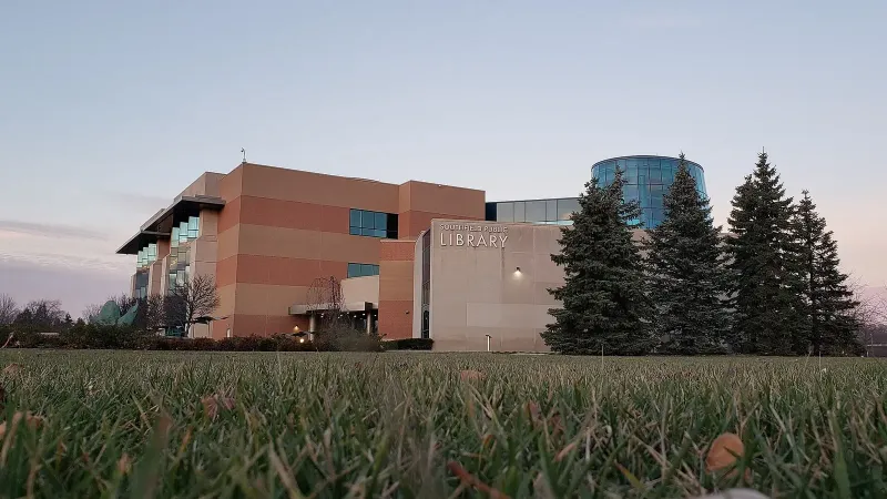 The Southfield Public Library in Southfield, Michigan, seen from the southeast.
