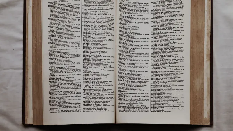 Primer plano de un diccionario abierto que muestra traducciones al inglés y al español, vista plana.