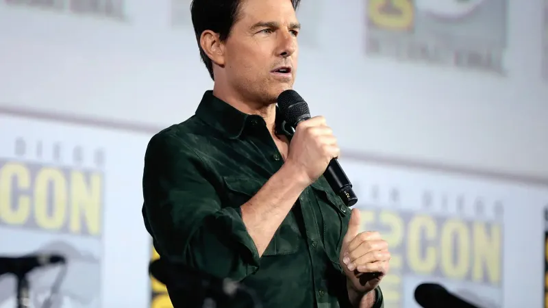 Tom Cruise speaking at the 2019 San Diego Comic Con International, for "Top Gun: Maverick", at the San Diego Convention Center in San Diego, California.