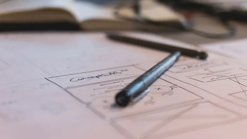 Un boceto con notas y un bolígrafo sobre papel. Ideal para la planificación o conceptos de diseño.