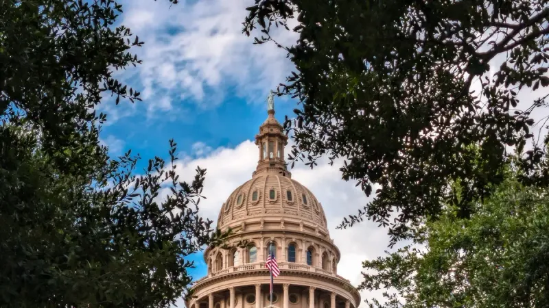 View of the iconic Texas State Capitol dome framed by lush trees under a vibrant sky in Austin, TX.