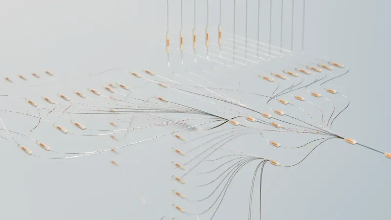 Elegant 3D visualization of neural networks showcasing abstract connections in a digital space.