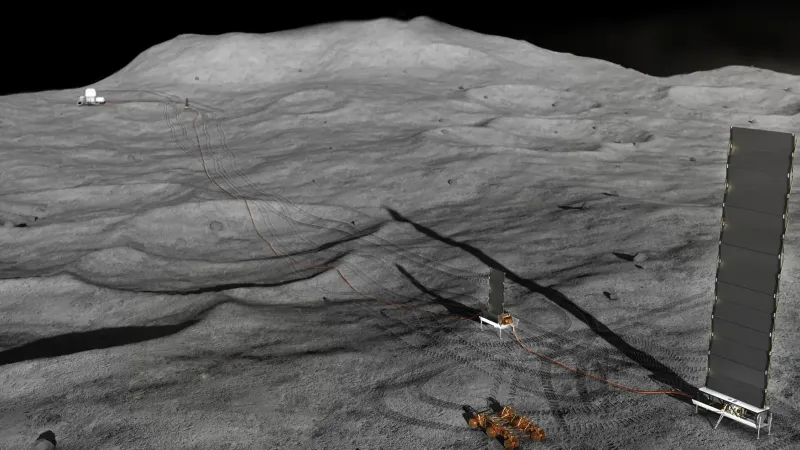 Una imagen conceptual del proyecto de potencia de superficie de fisión en la superficie lunar. La superficie lunar es gris y está llena de cráteres y pistas de rover.