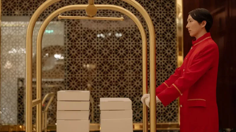A hotel bellboy in uniform pushes a luggage cart with boxes indoors, demonstrating hospitality service.