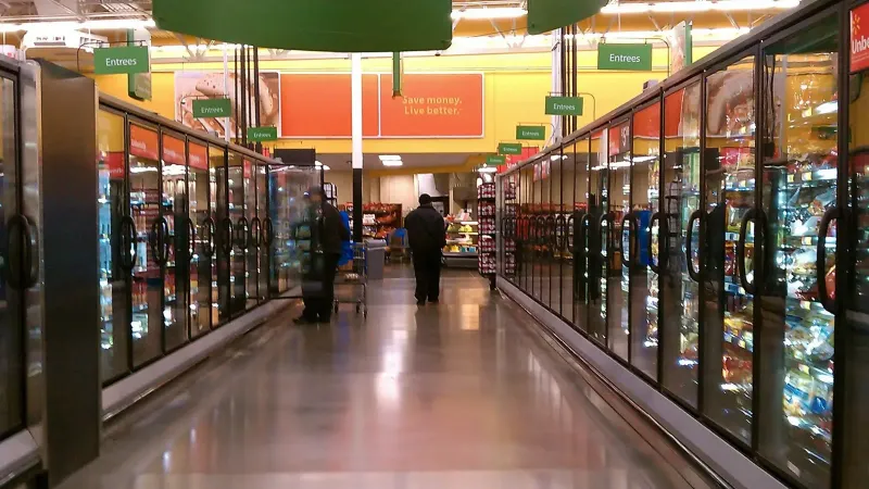 La isla de alimentos refrigerados y congelados en un supercenter Walmart remodelado en Laurel, Maryland.
