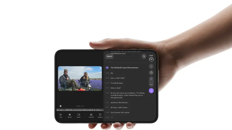 iPhone Duo, abierto en posición horizontal, detalle, una aplicación de edición de IA, que se muestra en la pantalla interna