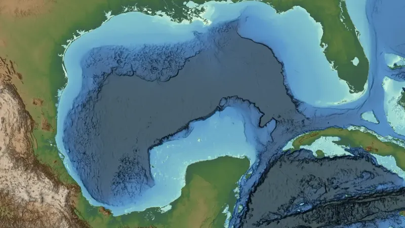 Mapa batimétrico del Golfo de México extraído del conjunto de datos ETOPO 2022.