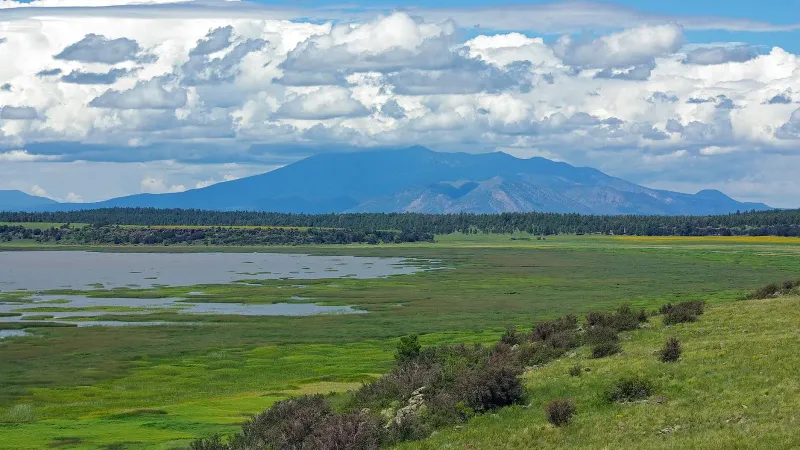 The San Francisco Peaks as seen from the Mormon Lake overlook near Flagstaff, Arizona.