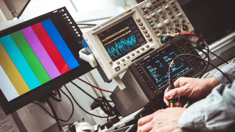Técnico Operador de laboratorio Dispositivos electrónicos de prueba y de medición con pantalla colorida.