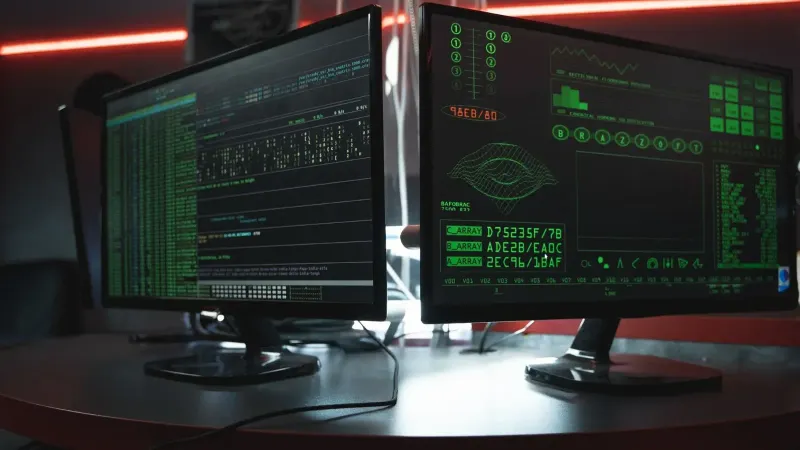 Close-up of dual computer monitors with green coding interfaces in a dark room, highlighting cyber security themes.