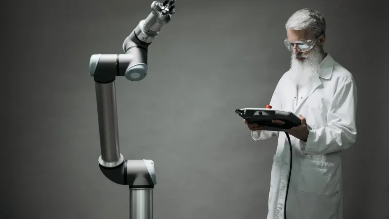 Un científico con bata de laboratorio opera un brazo robótico de alta tecnología en un entorno de laboratorio.