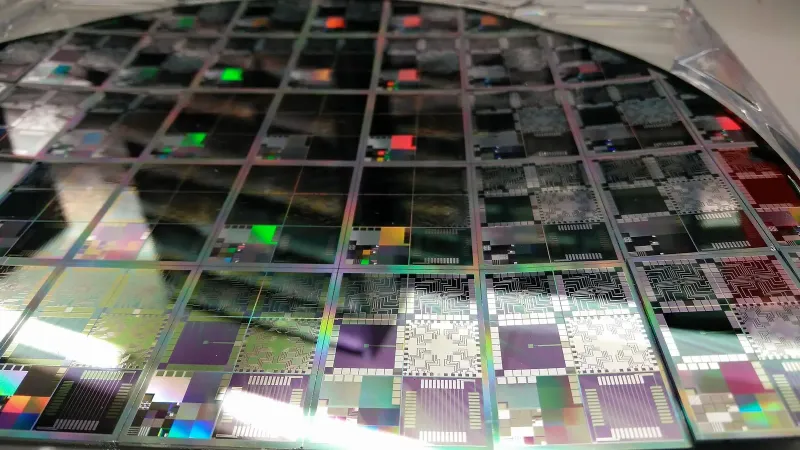 Una fotografía de una oblea de 12 pulgadas de bancos de pruebas microelectrónicos