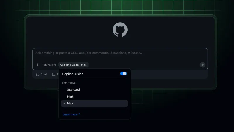A GitHub Copilot prompt composer with the Copilot Fusion settings menu open. Fusion is enabled, and the effort-level options are Standard, High, and Max; Max is selected.