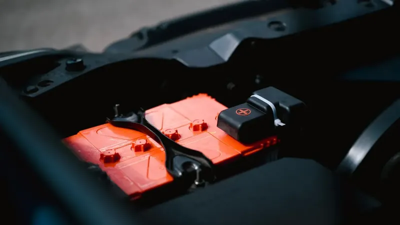 Detailed view of an orange car battery inside a vehicle's engine bay, highlighting its features.