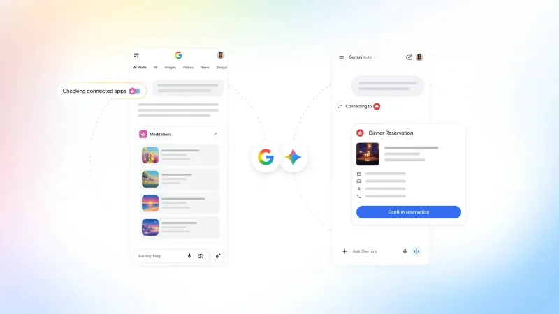 A split-screen graphic showing a Google search interface connecting to Gemini to confirm a dinner reservation.