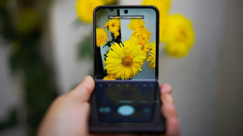 Un teléfono inteligente que captura flores amarillas vívidas, muestra la tecnología y la interacción con la naturaleza.