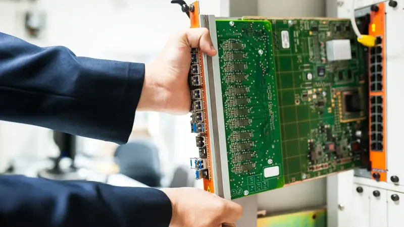 Un técnico inserta una placa de circuito en un bastidor de servidor, ilustrando la tecnología y la conectividad.