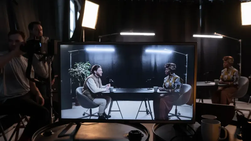 A podcast recording session in a studio with hosts in conversation, captured on screen.