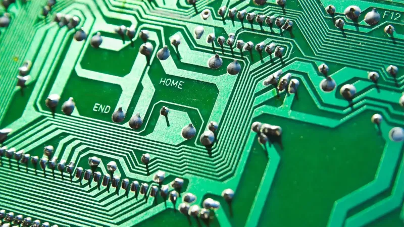 Vista detallada de placa de circuito verde con chips y vías visibles, destacando elementos tecnológicos.