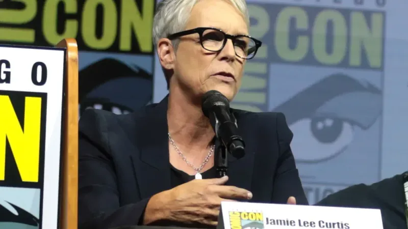Yvette Nicole Brown, Jamie Lee Curtis, David Gordon Green, Malek Akkad and Jason Blum speaking at the 2018 San Diego Comic Con International, for "Halloween", at the San Diego Convention