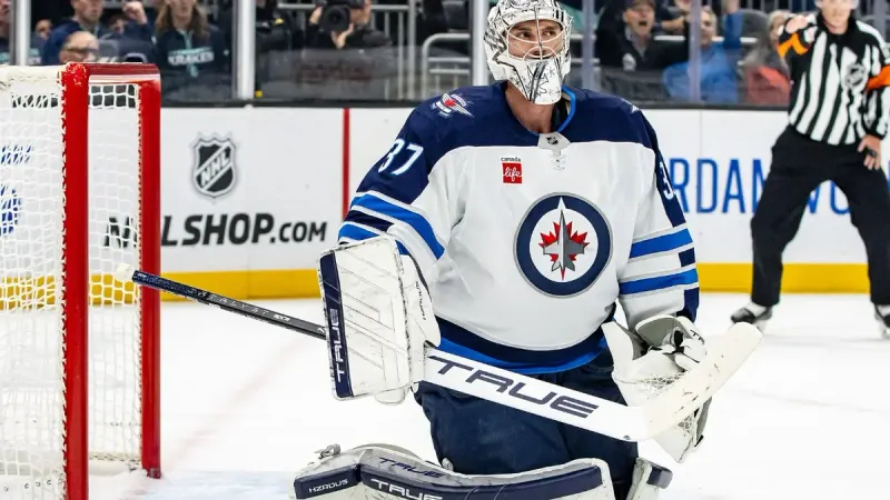Connor Hellebuyck during a game against the Seattle Kraken in 2024