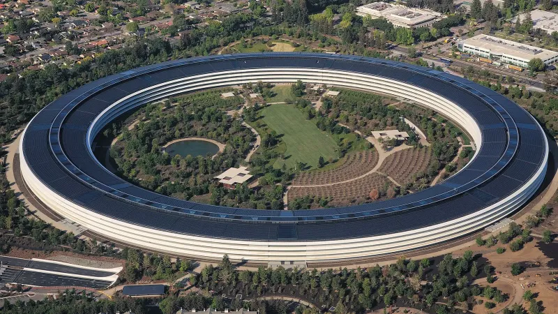 Aerial view of Apple Park, the corporate headquarters of Apple Inc., located in Cupertino, California.