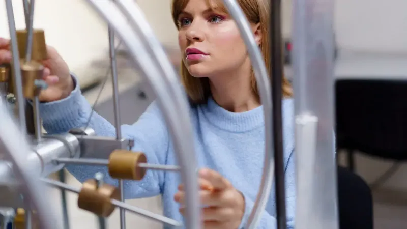 Una mujer con un suéter azul realiza un experimento de física en un laboratorio de ciencias. enfocado e intrigante.