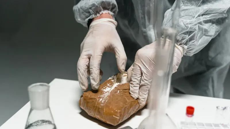 Trabajador de laboratorio analiza la sustancia en polvo en un laboratorio utilizando equipo de seguridad.