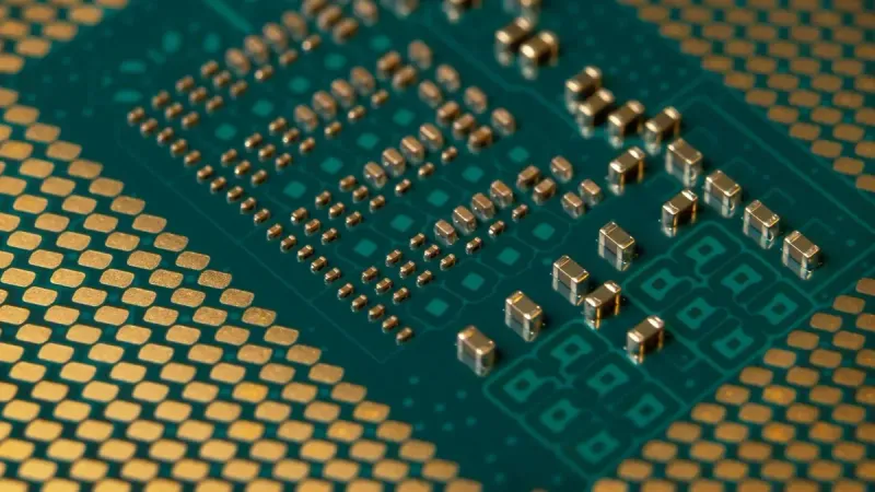 Primer plano detallado de una placa de circuito de microprocesador que muestra circuitos y componentes intrincados.