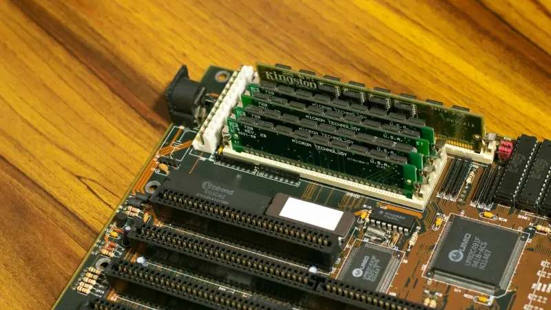 Imagen detallada de una placa base de computadora vintage con palos de ram.