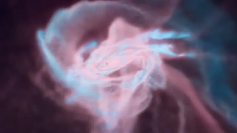 Visualization of the simulation by ATERUI III showing a rapidly growing black hole surrounded by gas. Red indicates areas of higher temperature. (Credit: Sunmyon Chon, Takaaki Takeda, 4D2U