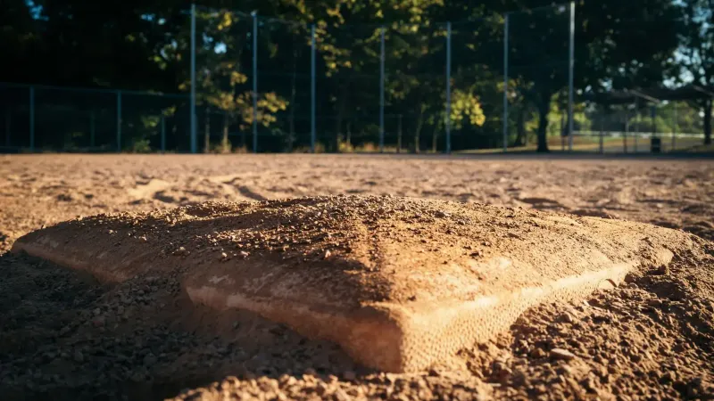Close-up de una base de béisbol en un campo vacío con árboles y cerca en el fondo.