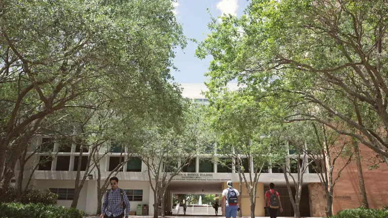 Students walking through a sunlit university campus in Coral Gables, Florida.