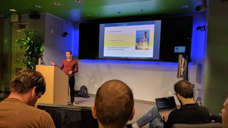Nate Soares of the Machine Intelligence Research Institute giving the talk "Ensuring Smarter-than-Human Intelligence has a Positive Outcome", on the Google campus.