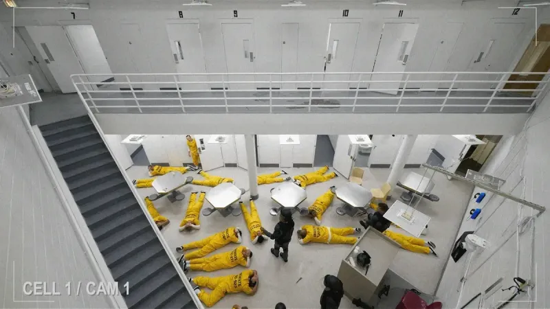 Área común de prisión con múltiples reclusos con uniformes amarillos tirados en el suelo, vistos desde arriba. Paredes, puertas, mesas y escaleras blancas en un entorno seguro. cámara de
