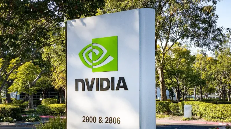 NVIDIA sign outside their headquarters office campus on Scott Boulevard in Santa Clara, California, located at 2800 & 2806 Scott Boulevard, Santa Clara, California 95050.