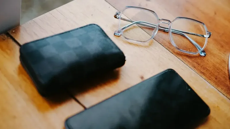 Stylish eyeglasses, wallet, and smartphone on a wooden table. Elegant composition.
