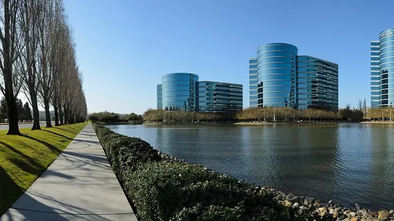 Seven-segment panorama of Oracle Corporation headquarters in Redwood Shores, Redwood City, California.