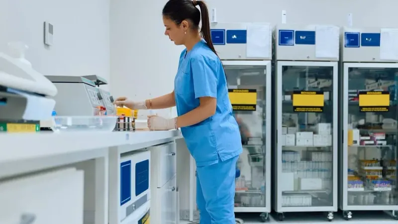 Un registro documental de un entorno de patología clínica y laboratorio médico configurado para investigaciones de hematología, análisis de muestras de sangre de rutina, procesamiento de
