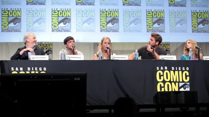Francis Lawrence, Josh Hutcherson, Jennifer Lawrence, Liam Hemsworth and Willow Shields speaking at the 2015 San Diego Comic Con International, for "The Hunger Games: Mockingjay Part 2", at