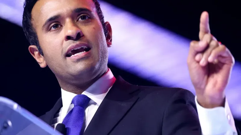 Vivek Ramaswamy speaking with attendees at the 2025 AmericaFest at the Phoenix Convention Center in Phoenix, Arizona.