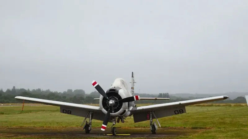 Vista trasera de un avión de hélice vintage estacionado en una pista de aterrizaje de hierba bajo cielos de niebla.