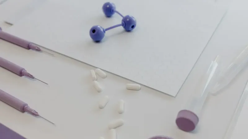 Herramientas médicas y pastillas dispuestas sobre una mesa, mostrando un entorno de investigación de laboratorio.